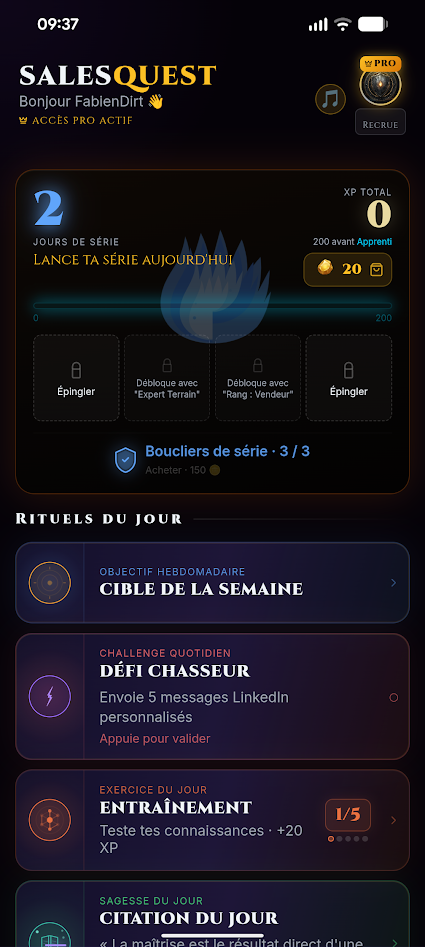 L'écran d'accueil de SalesQuest